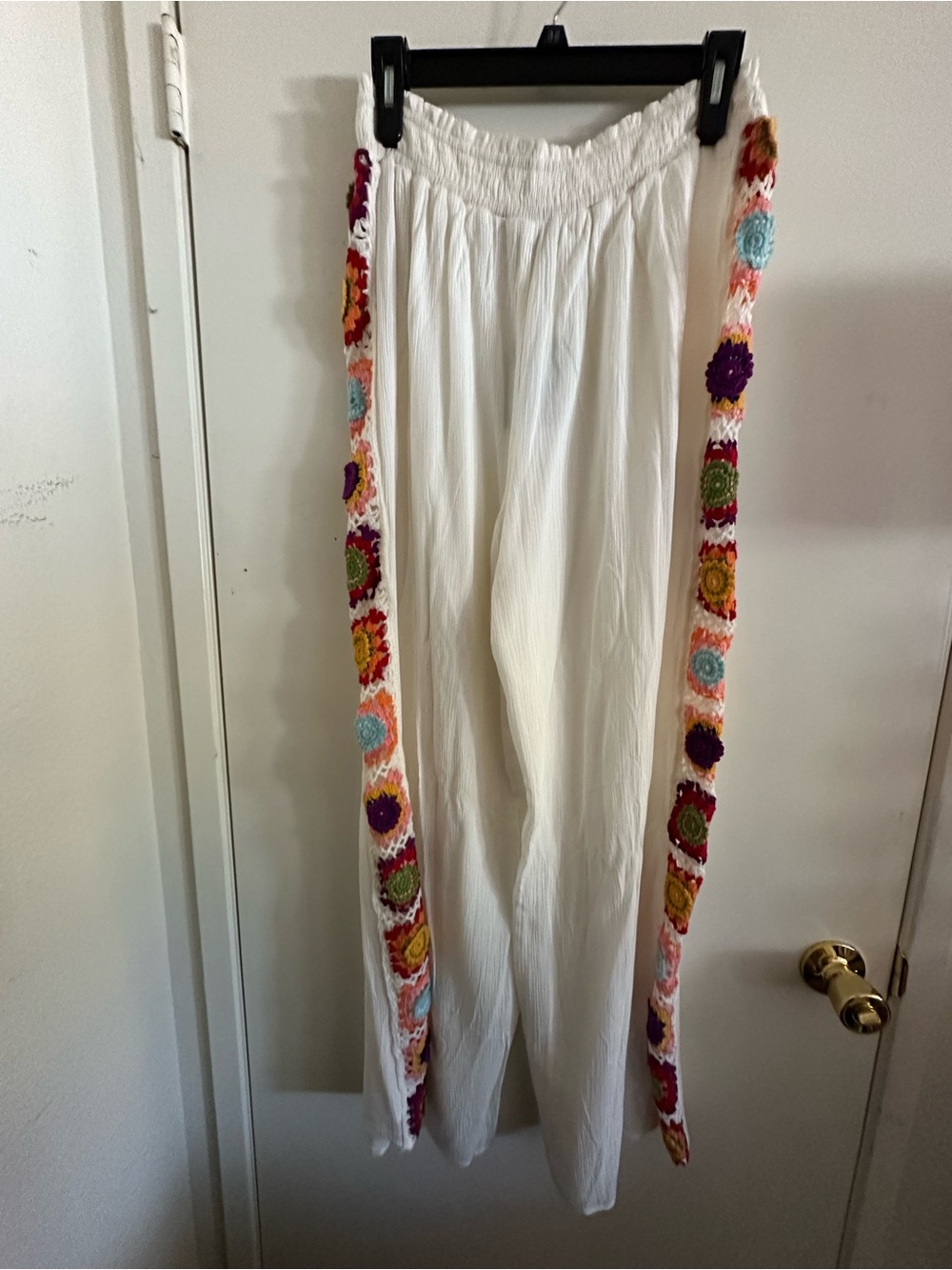Forever 21 White Wide-Leg Pants with Multicolor Crochet Side Trim